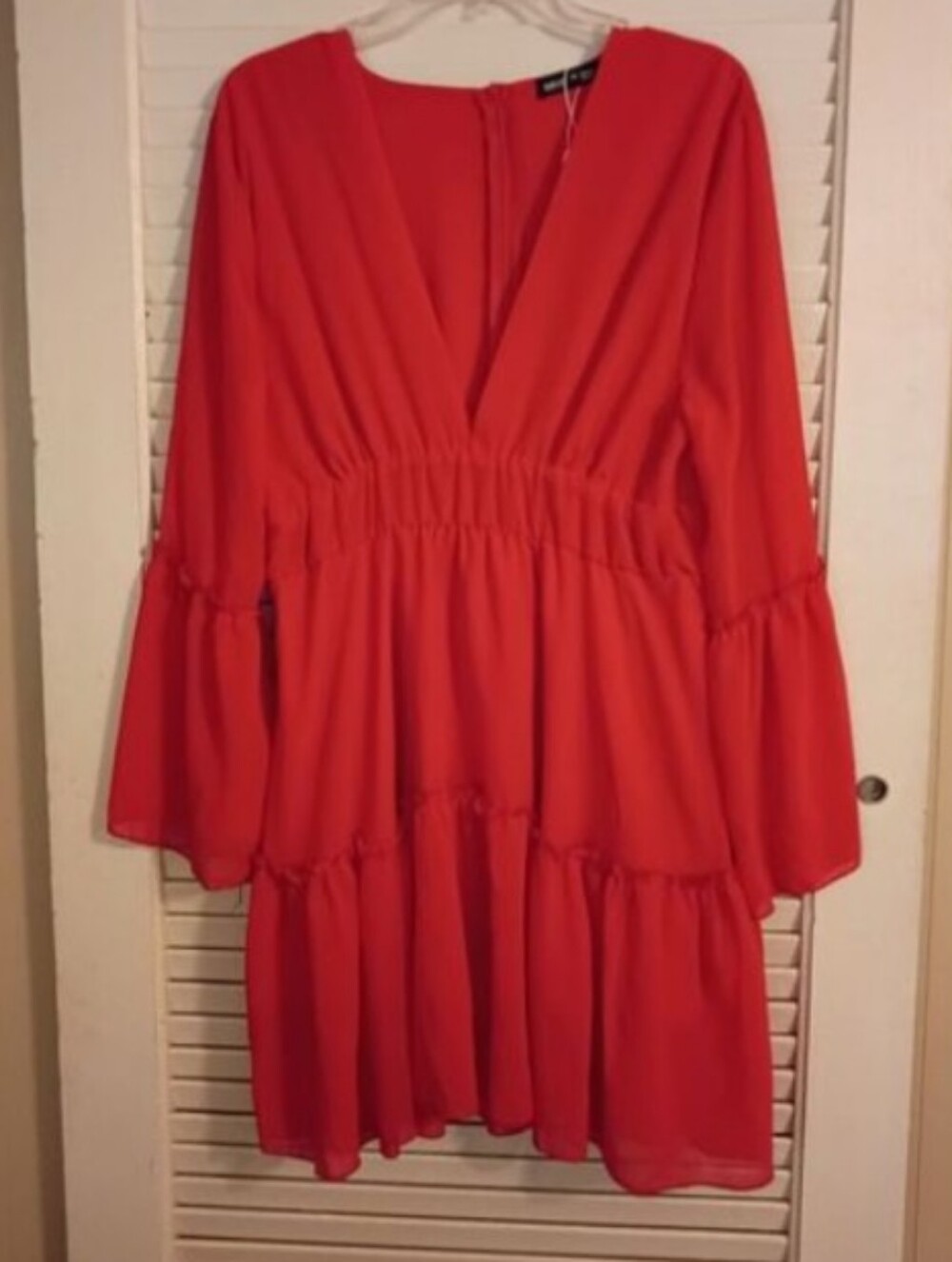 BloomChic Red V-Neck Tiered Mini Dress with Puff Sleeves - Picture 2 of 7